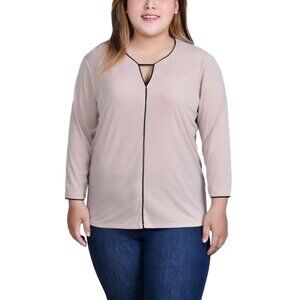 NY Collection Plus Size 1X Beige 3/4 Sleeve Piped Top